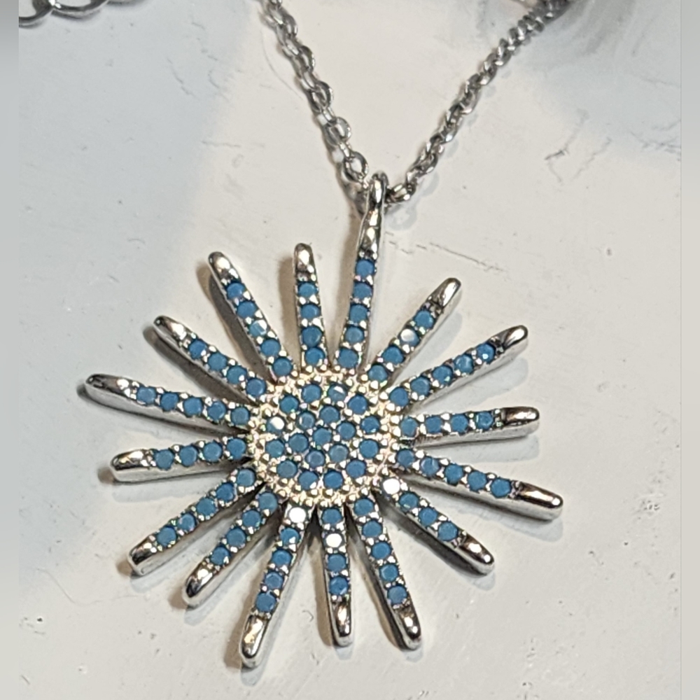 *NEW*STERLING SILVER NECKLACE TURQUOISE CUBIC ZIRCONIA SUNBURST 18 inch CHAIN